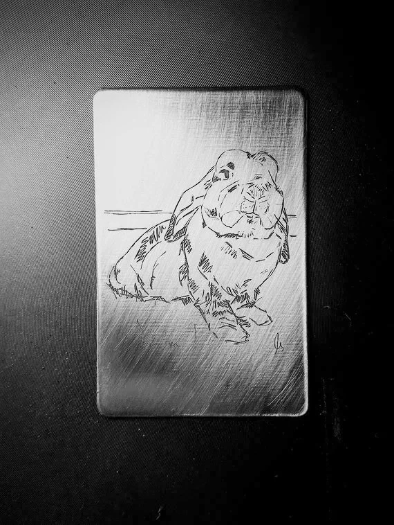 Dessins d'un chien de race Basset Hound gravé sur une plaque en métal.