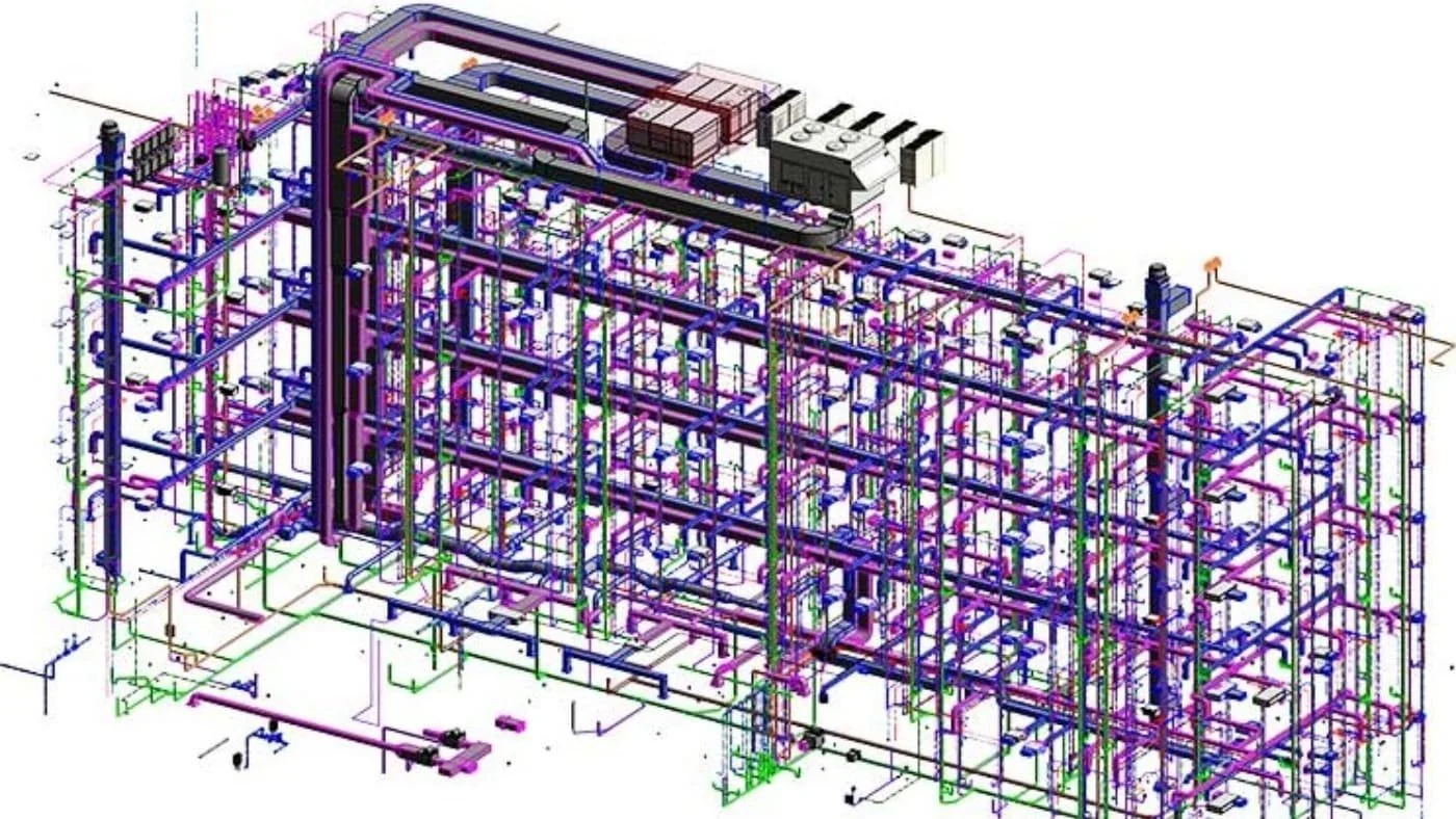 Un modèle numérique en 3D complexe d'une infrastructure industrielle avec un réseau étendu de tuyaux de différentes couleurs et dimensions.