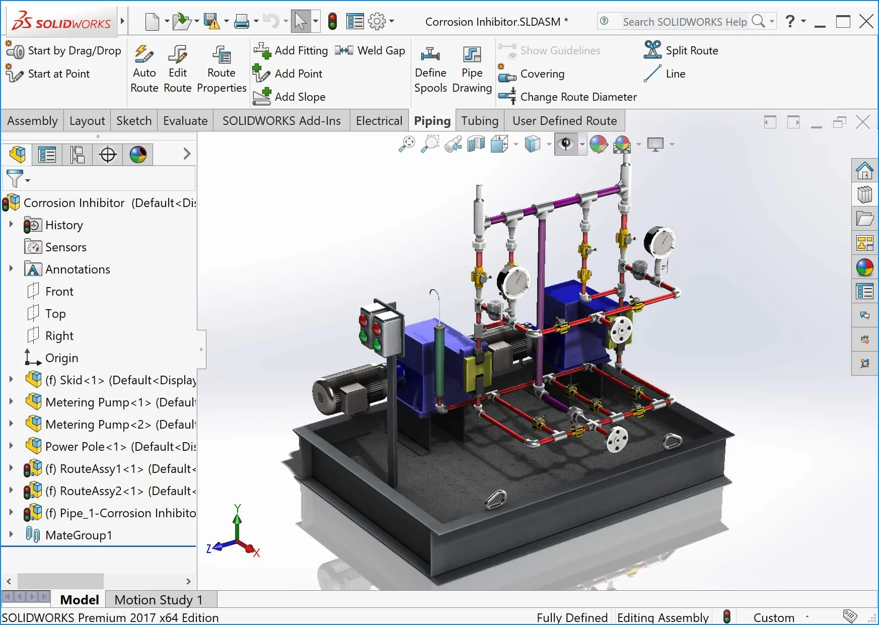 Modélisation 3D d'un dispositif anticorrosion avec tuyaux, vannes, compteurs, et un panneau de contrôle, présenté dans SolidWorks.