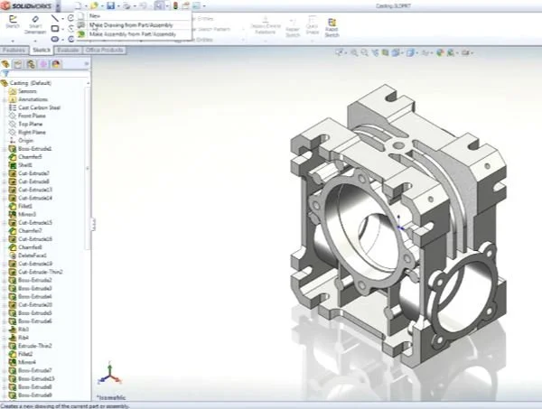 Modèle 3D d'une pièce mécanique conçue dans un logiciel de CAD, montrant une structure complexe avec des trous et des surfaces circulaires.