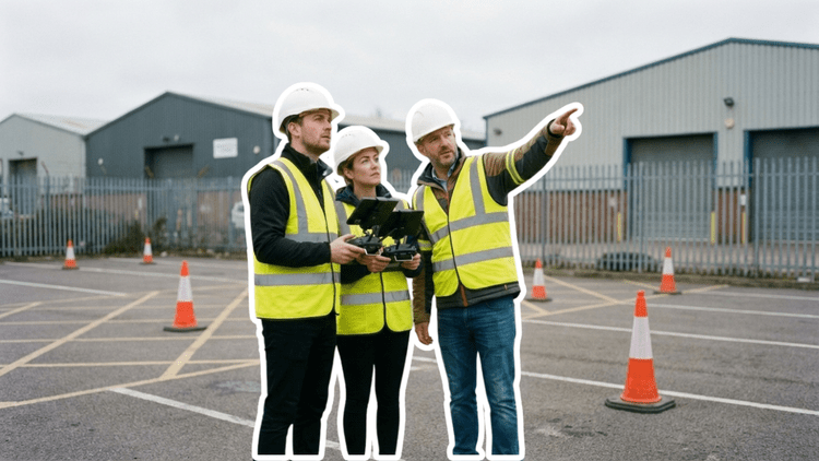 Professionnels préparant une mission drone sur un site industriel