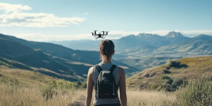 Drone professionnel en vol au-dessus d'un paysage naturel
