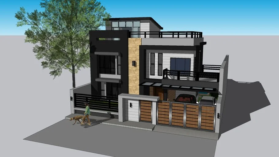 Une maison moderne à plusieurs étages avec un mur d'enceinte, une porte en bois, un garage, une voiture, et un arbre à gauche. Il y a aussi une personne marchant avec un chien sur le trottoir.