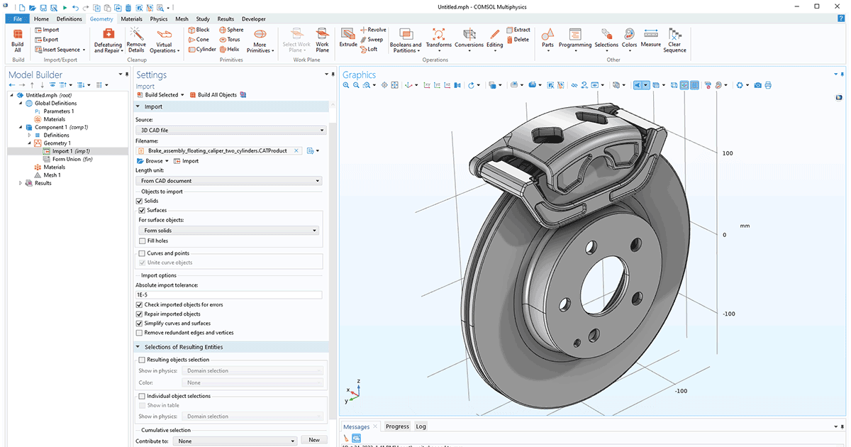 Screenshot d'une interface de logiciel de modélisation 3D montrant un modèle de disque de frein avec un mécanisme de pince. La vue est en perspective et montre les outils et options dans l'interface, notamment pour l'importation et la visualisation du modèle.