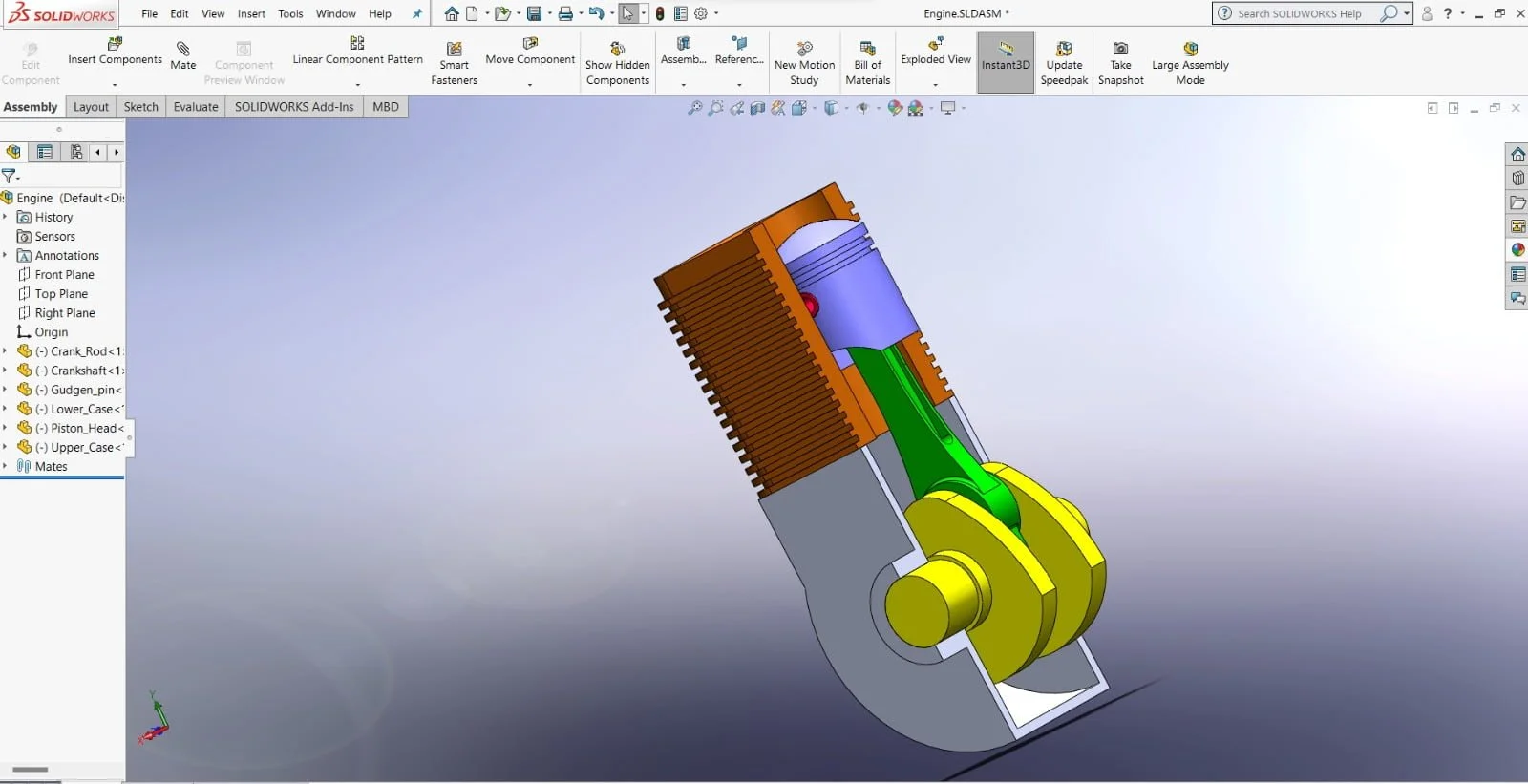 Modélisation 3D d'un moteur à combustion interne avec un bloc-cylindre, un piston, un vilebrequin et des composants colorés dans SOLIDWORKS.