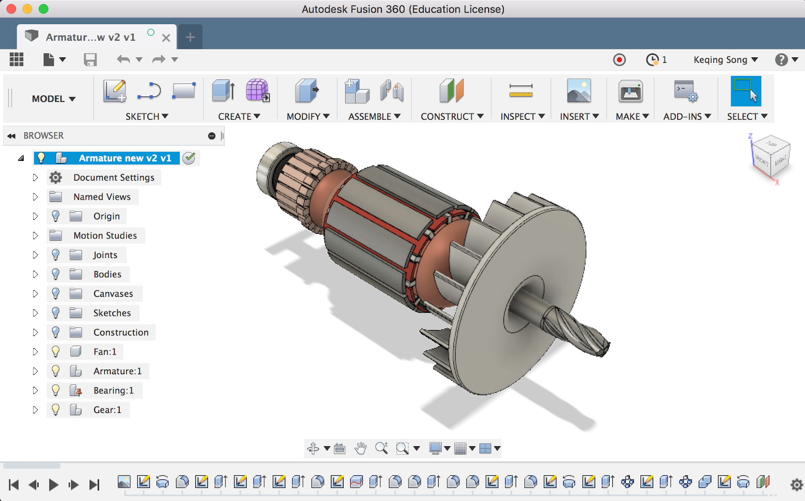 Modélisation 3D d'un moteur électrique avec engrenages dans un logiciel de conception assistée par ordinateur.