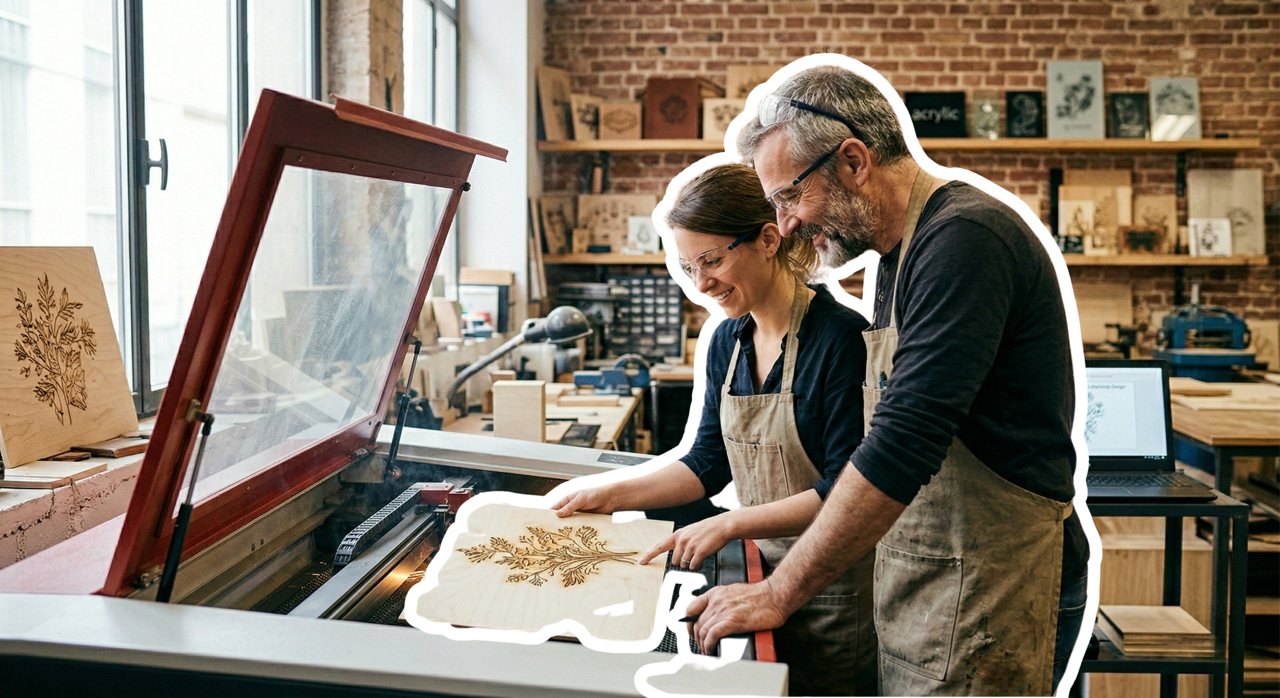 Deux personnes, un homme et une femme, travaillent dans un atelier de menuiserie. Ils examinent une pièce en bois décorée d'une gravure d'une plante.