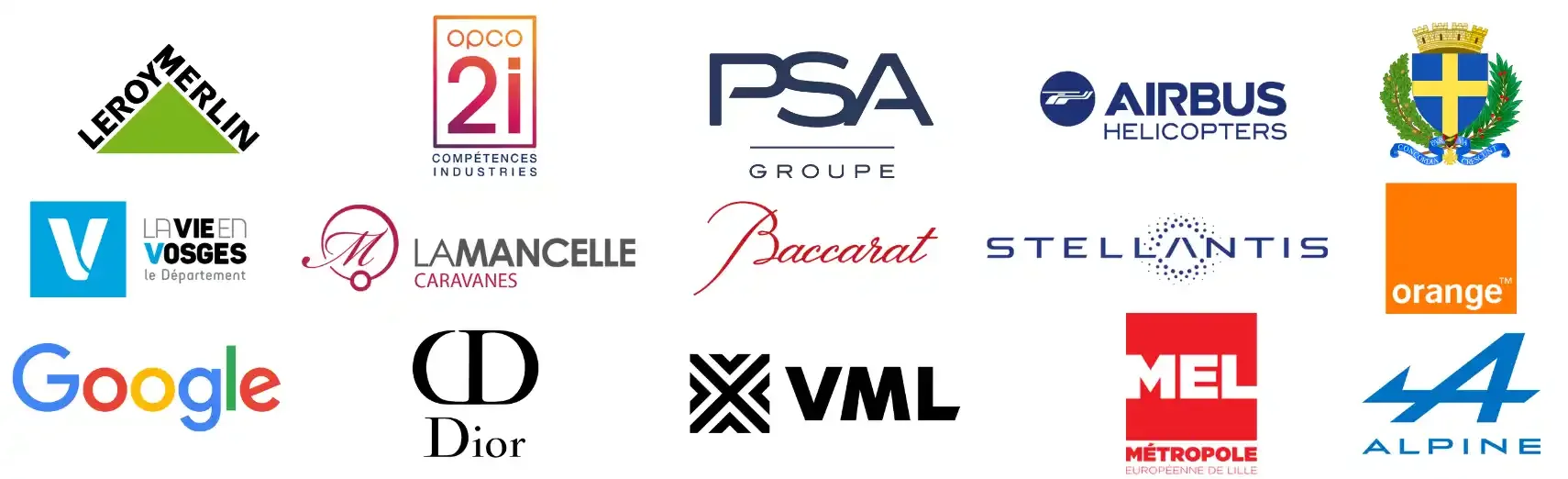 Logo de diverses entreprises et institutions, notamment Leroy Merlin, Opco 21 Industrie, PSA Groupe, Airbus Helicopters, le gouvernement de la région, La Vie Ed Vosges, Lamnelle Caravans, Bacarat, Stellantis, Orange, Google, Dior, VML, Mel Mètropole, Alpina.