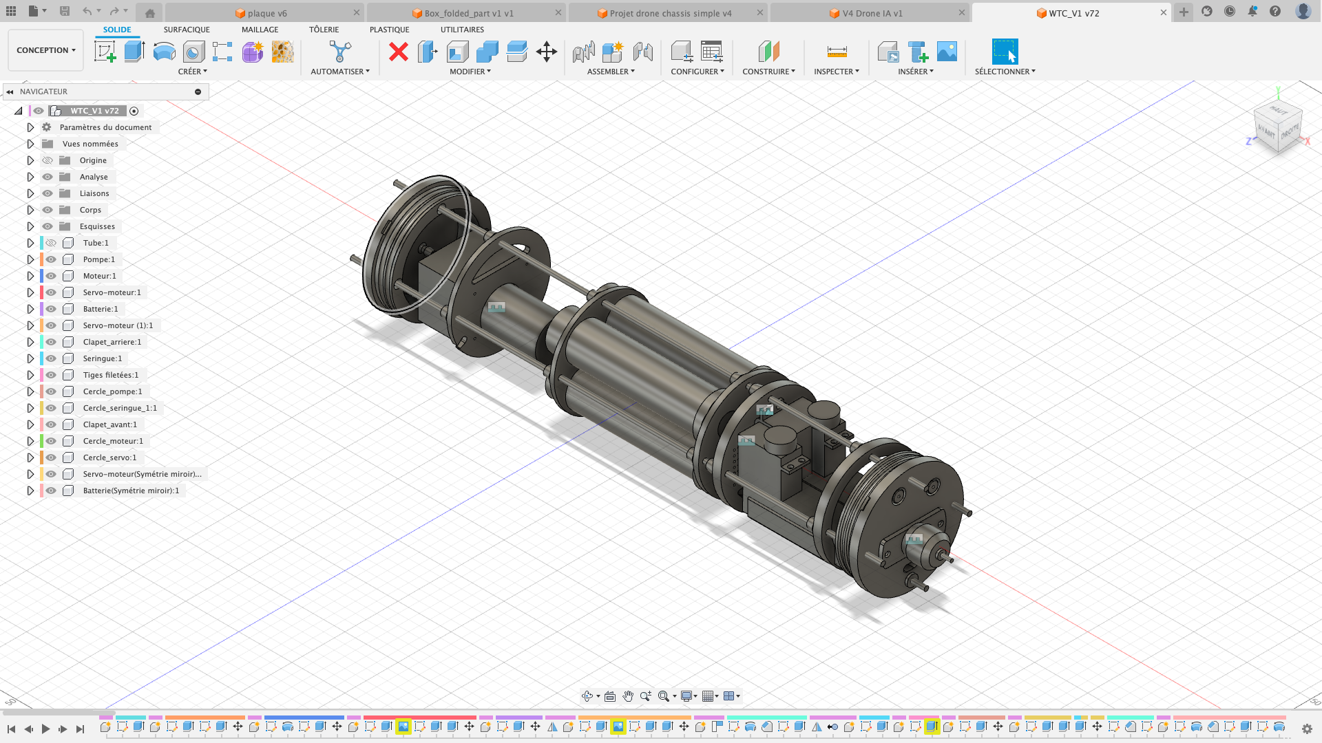 Modélisation 3D d'un moteur électrique. Le modèle montre un assemblage de cylindres, engrenages et composants mécaniques, probablement pour une application robotique ou un drone.