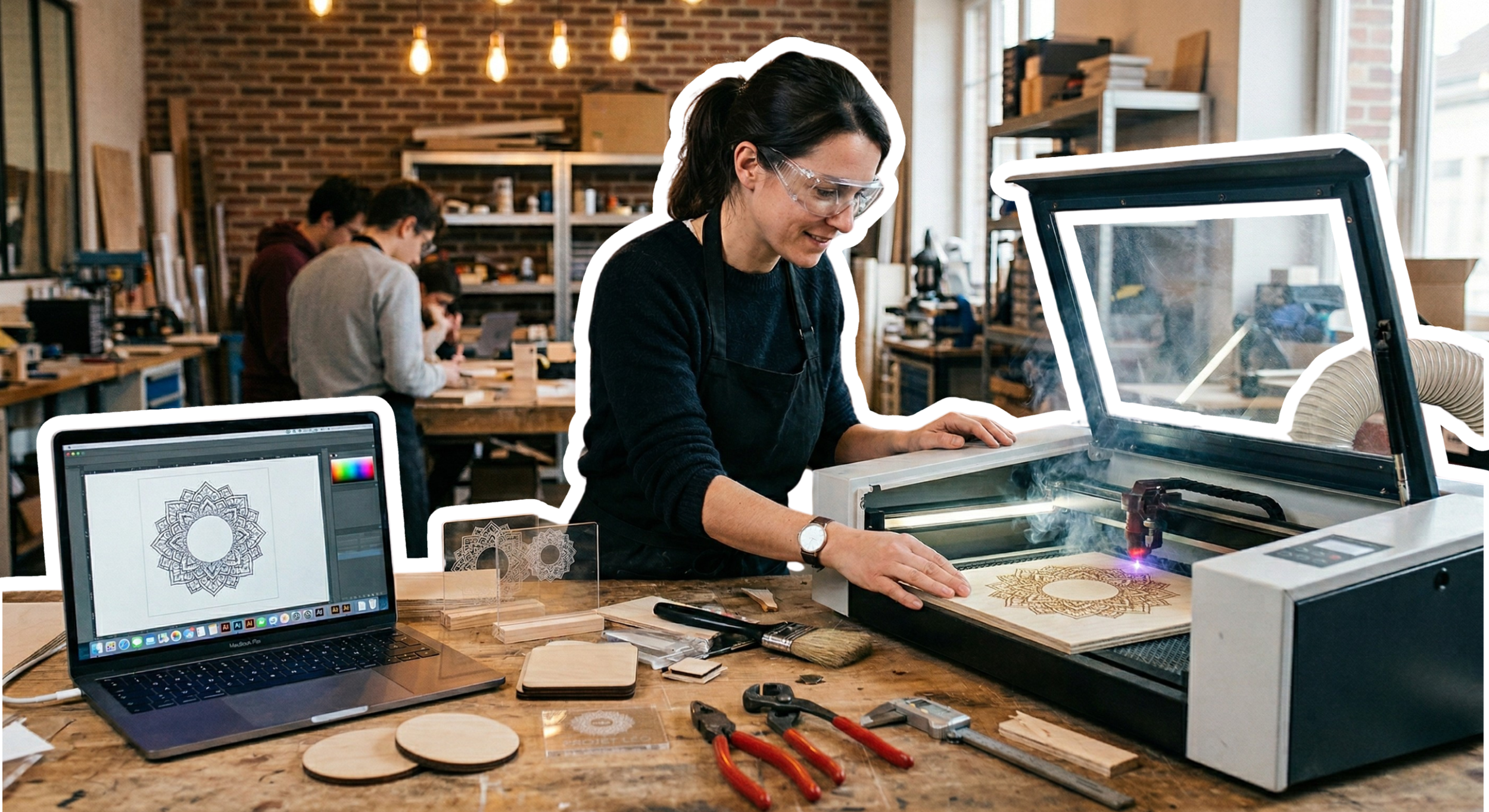 Une femme utilise une machine de gravure laser dans un atelier de travail. Elle porte des lunettes de protection et se concentre sur un design complexe en bois. Sur la table, il y a un ordinateur portable affichant un motif graphique, divers outils, et des pièces de bois.