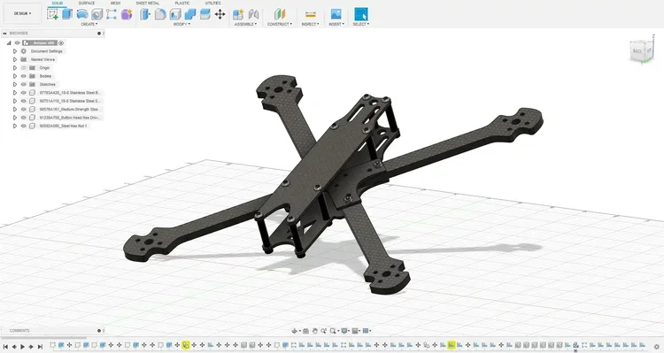 Modèle 3D d'une structure en carbone pour drone conçue sur Fusion 360
