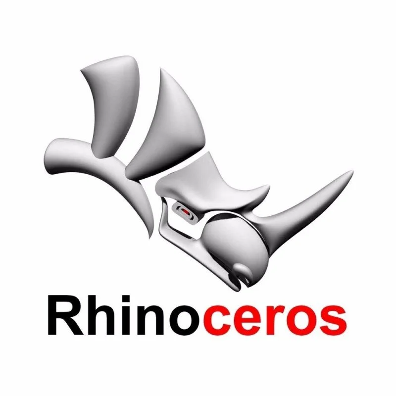 Logo combinant un crâne de dinosaure avec des éléments de technologie, et le texte "Rhinoceros" en dessous.