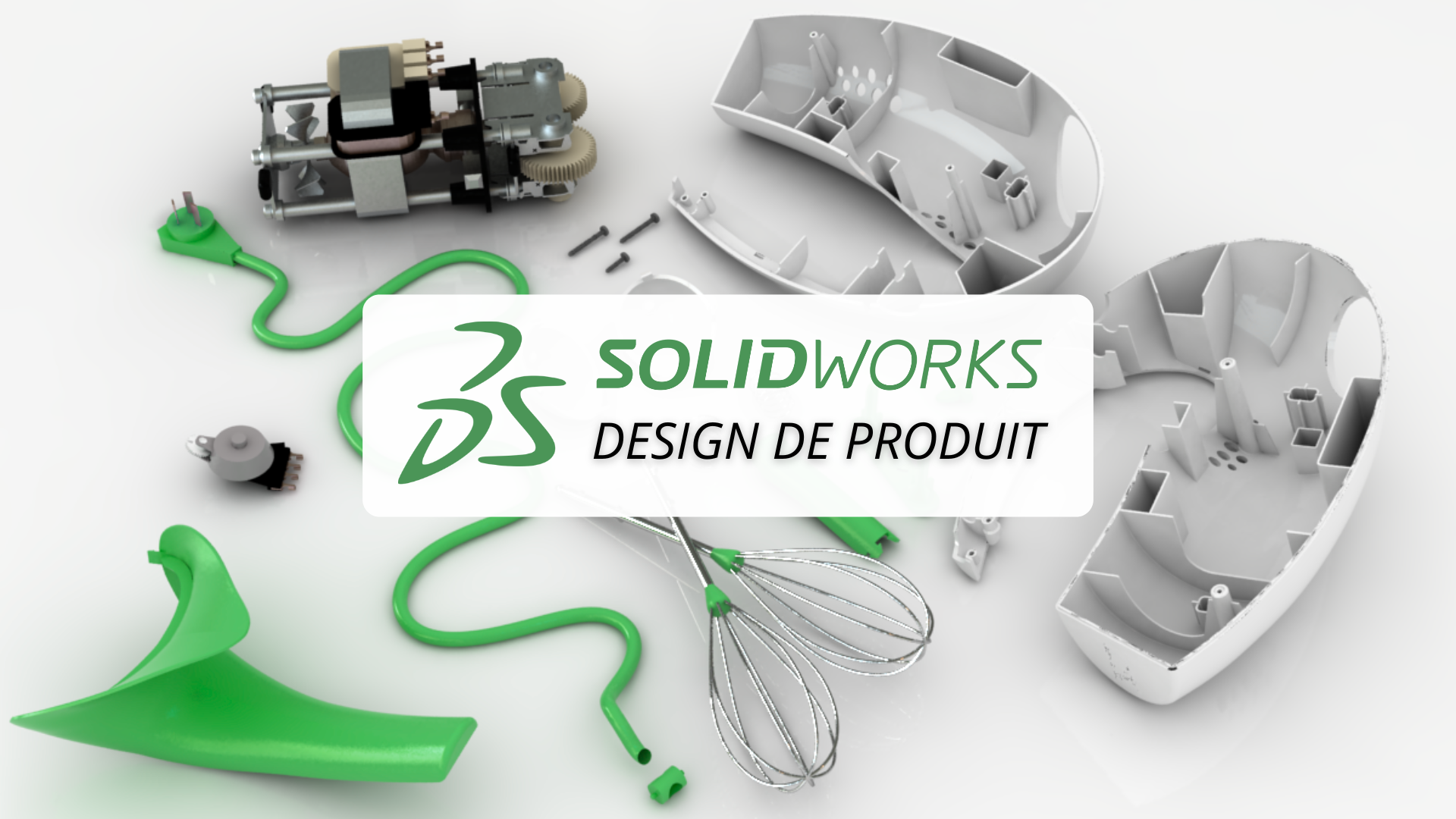 Illustration de composants électriques et mécaniques avec le logo SOLIDWORKS et le texte 'DESIGN DE PRODUIT' sur une surface blanche.