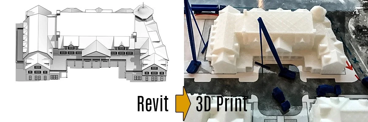 Image montrant une maquette 3D imprimée en plastique d'un bâtiment ou d'une structure architecturale, positionnée à côté d'un plan ou dessin architectural en deux dimensions.