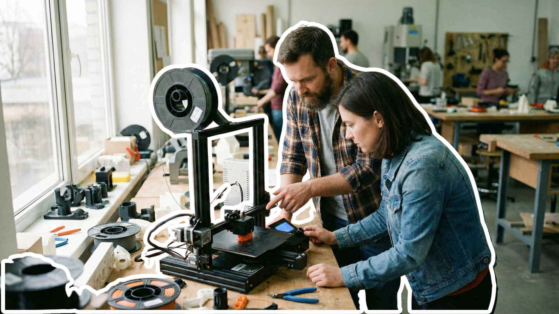Deux personnes travaillent ensemble sur une imprimante 3D dans un atelier. Autour, on voit des bobines de filament, des outils et d'autres équipements de bricolage.