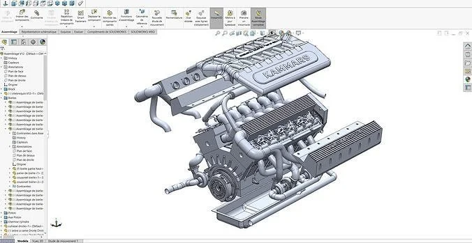 Modèle 3D d'un moteur thermique avec plusieurs composants visibles, créé dans un logiciel de conception assistée par ordinateur (CAO).