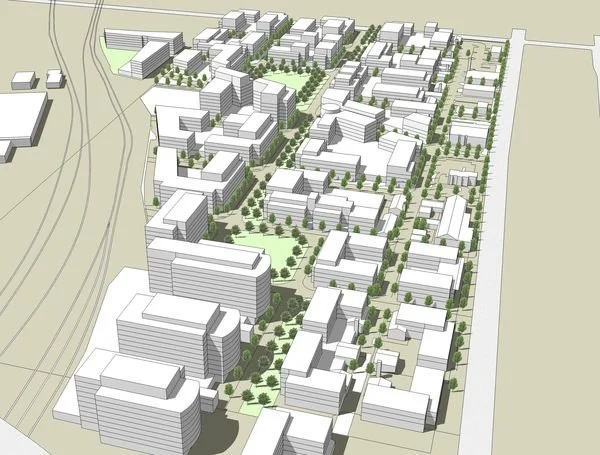 Plan d'un projet d'aménagement urbain avec des bâtiments modernes et des espaces verts.