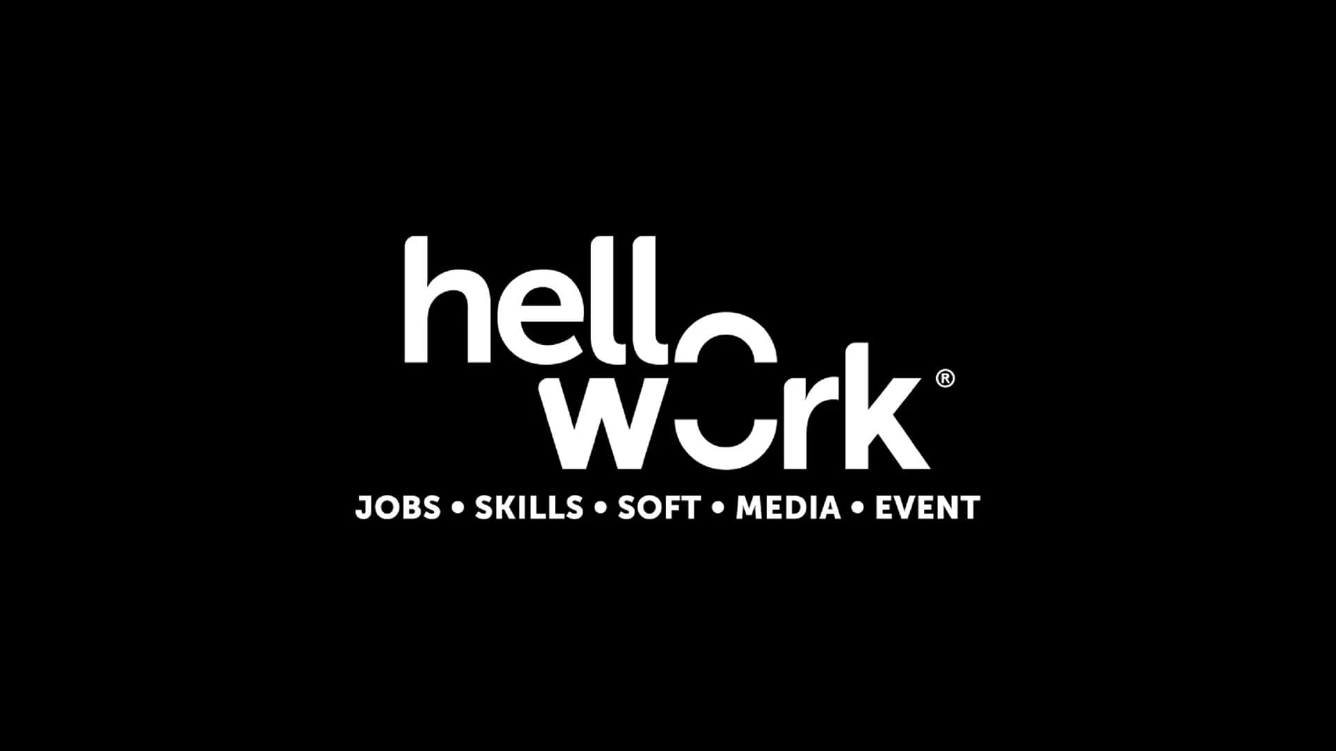 Logo blanc sur fond noir avec le texte "hello work" et en dessous, "JOBS, SKILLS, SOFT, MEDIA, EVENT".