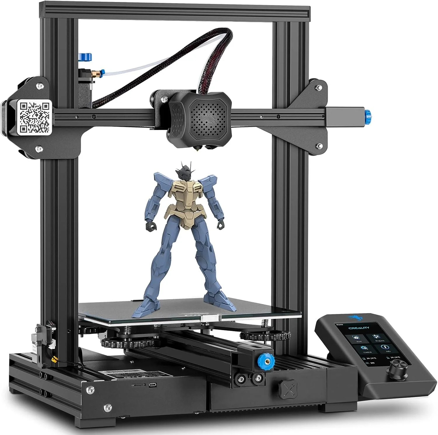 Une imprimante 3D avec une figurine d'un robot bleu et beige en cours d'impression.