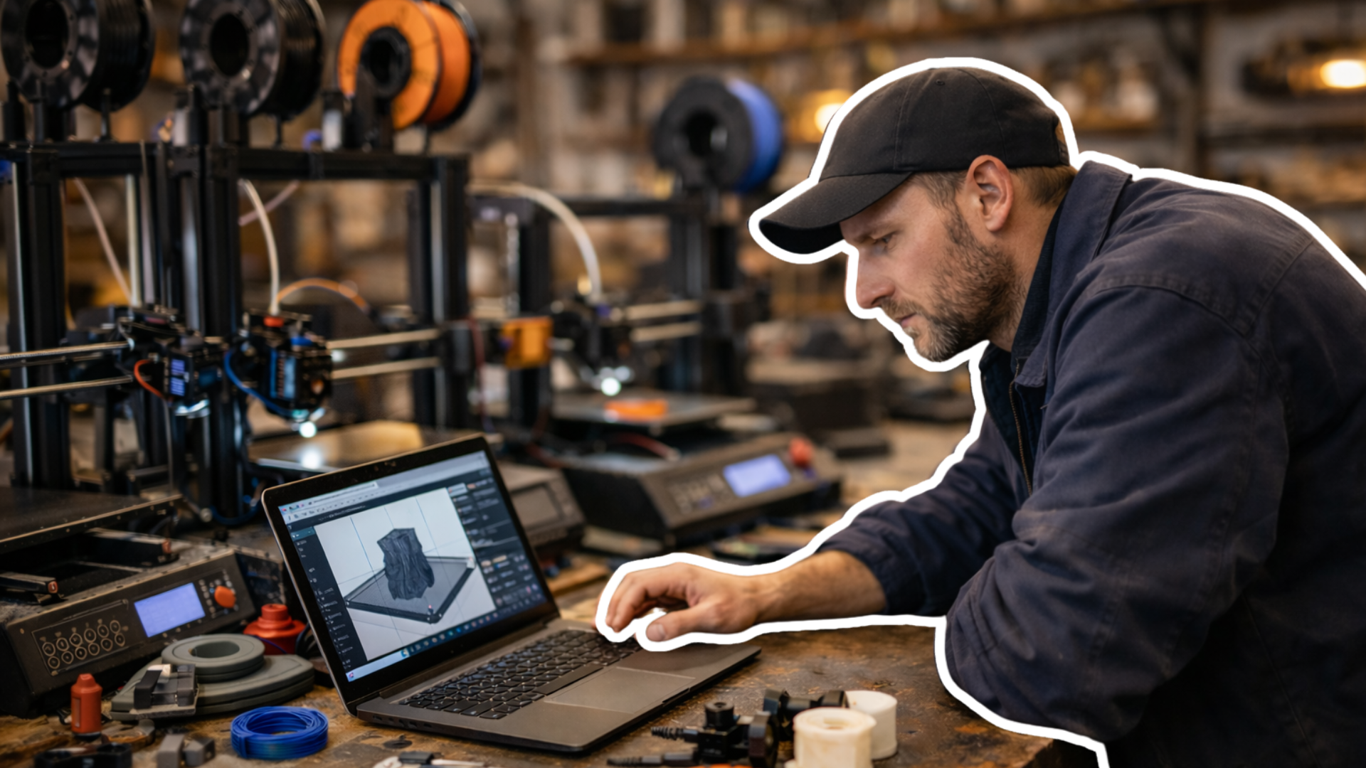 Un homme travaille dans un atelier avec une imprimante 3D, utilisant un ordinateur portable affichant une conception de vêtement.