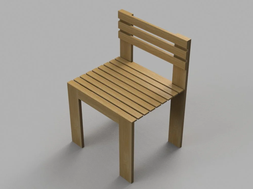 Chaise en bois avec un dossier en lattes.
