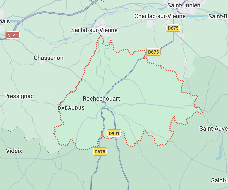 Carte de la région autour de Rochechouart avec routes D675 et D901, montrant les villes de Saillat-sur-Vienne, Saint-Junien, Chassenon, Rochechouart, Babaudus, et Saint-Auvent, avec des routes routes en pointillé rouge indiquant possiblement des chemins ou sentiers.