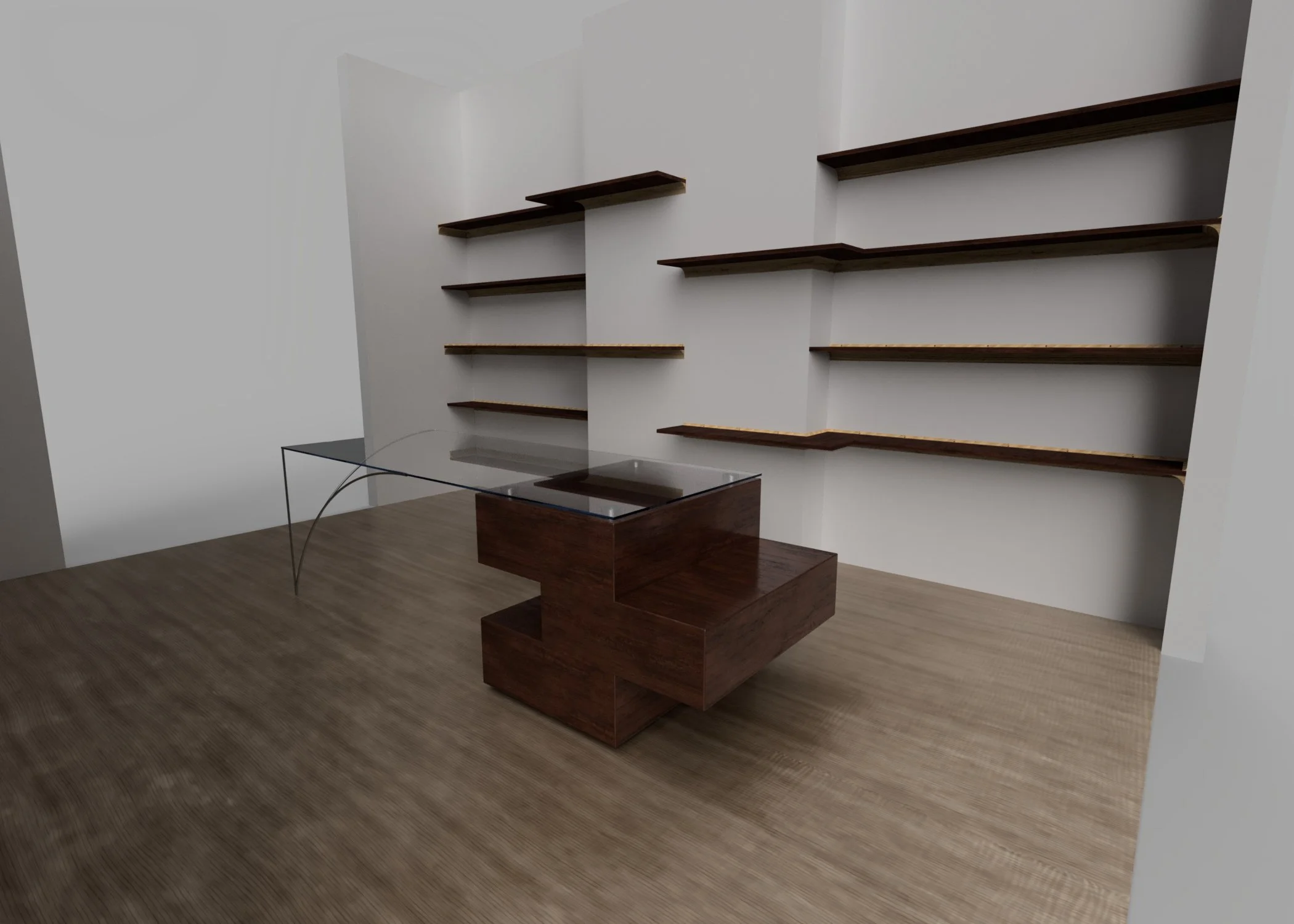 Une pièce moderne avec des étagères en bois fixées au mur, un bureau en bois avec une surface en verre, et un sol en bois clair.