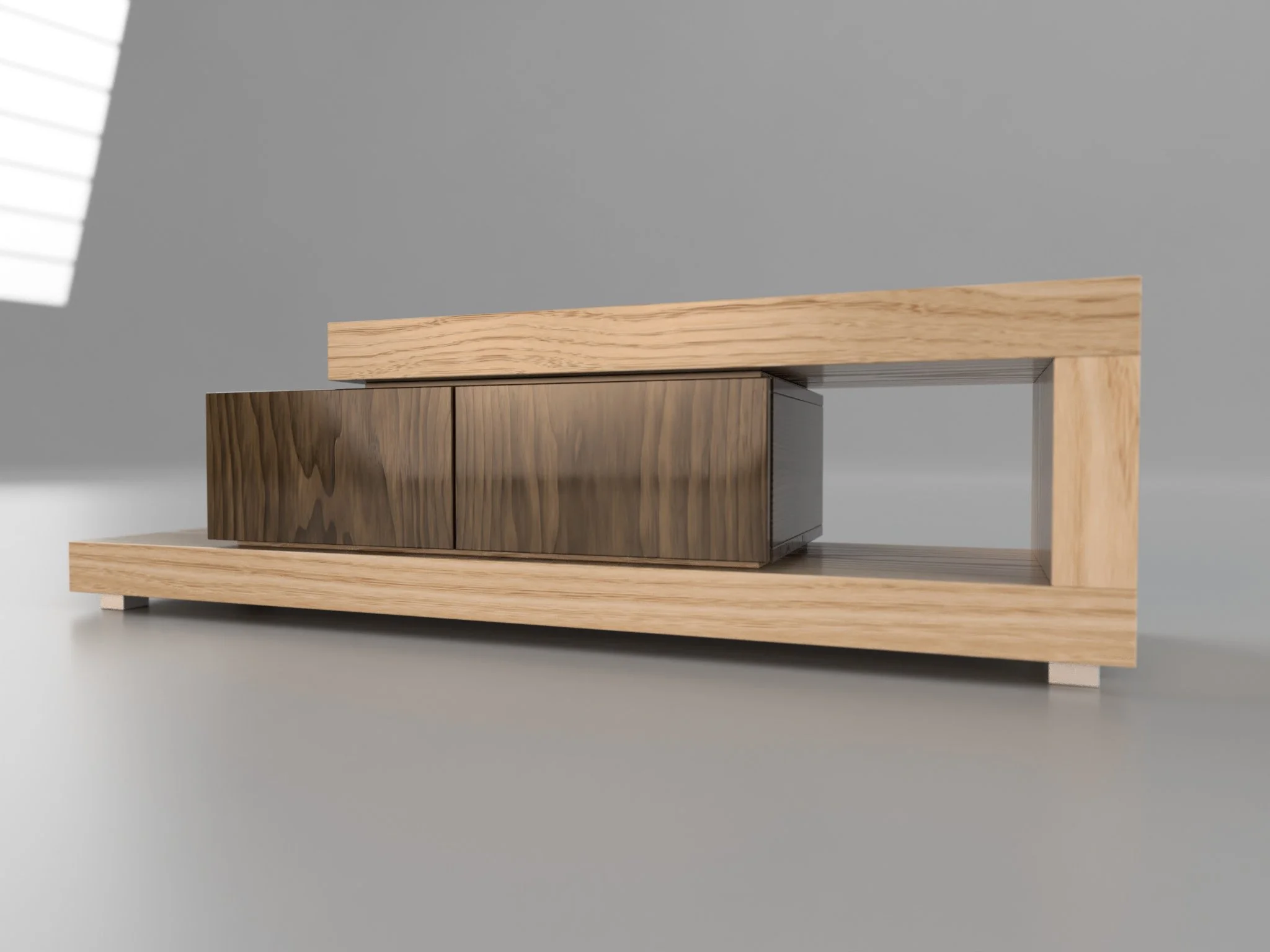 Meuble en bois avec un espace ouvert, contenant deux boîtes en bois foncé, sur une surface grise dans une pièce lumineuse.