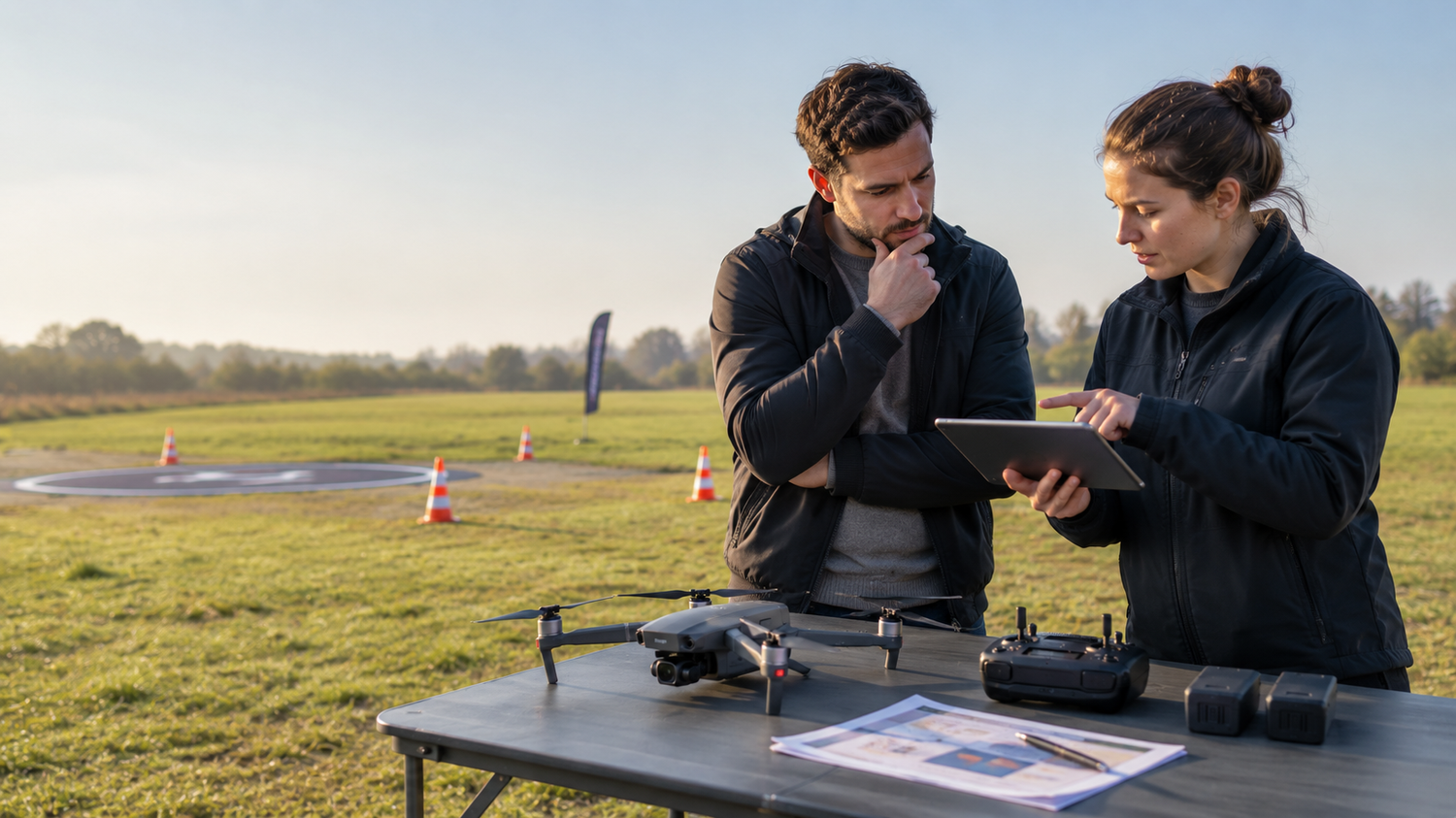 Formateur et stagiaire préparant un drone sur un terrain de formation