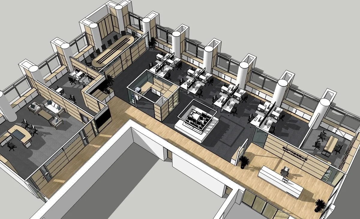 Un plan architectural d'un espace de bureau moderne avec plusieurs bureaux, une salle de réunion, et un espace lounge, décoré avec des plantes