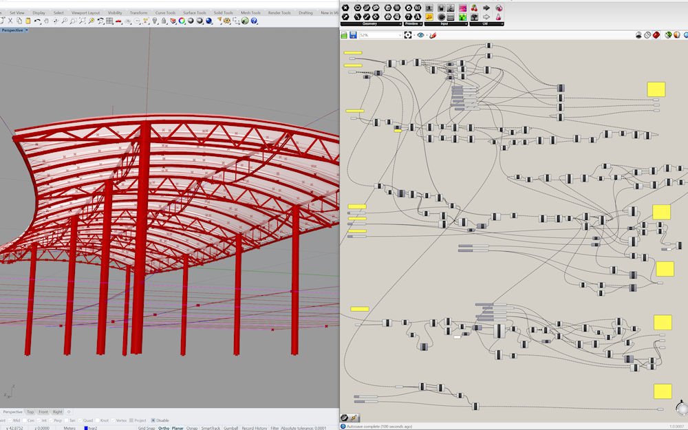 Une représentation informatique d'une structure architecturale en métal rouge avec un toit courbe, accompagnée d'un diagramme de programmation visuelle sur le côté droit.