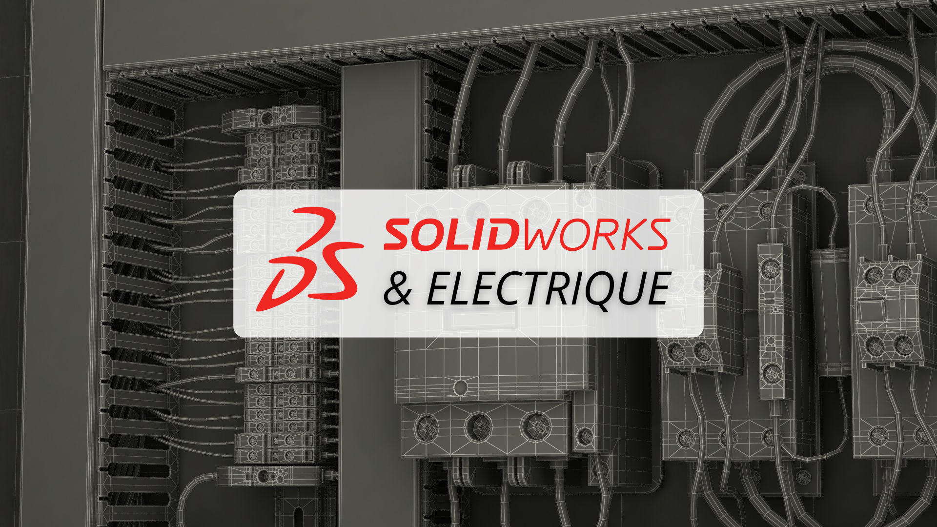 Image de composants électriques et de câblage en wireframe avec logo SolidWorks