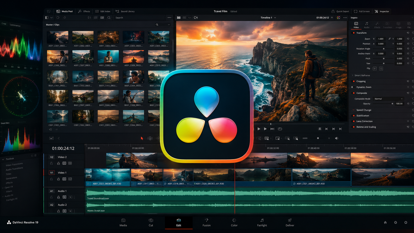 Interface de montage vidéo sur DaVinci Resolve avec animation 2D sur After Effects