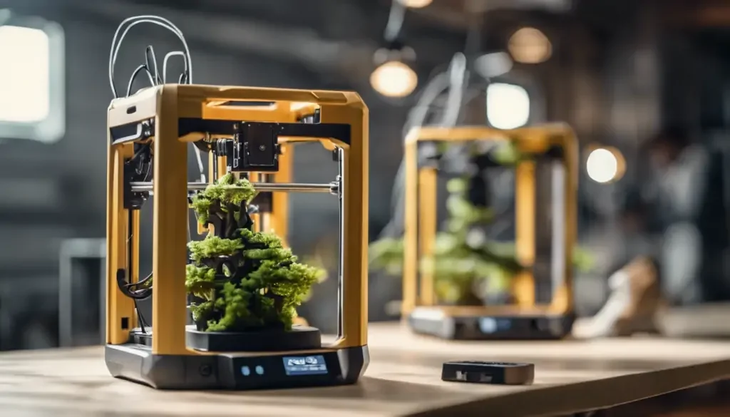 Deux imprimantes 3D en train d'imprimer des sculptures en forme d'arbres miniatures, situées sur une table dans un environnement industriel.