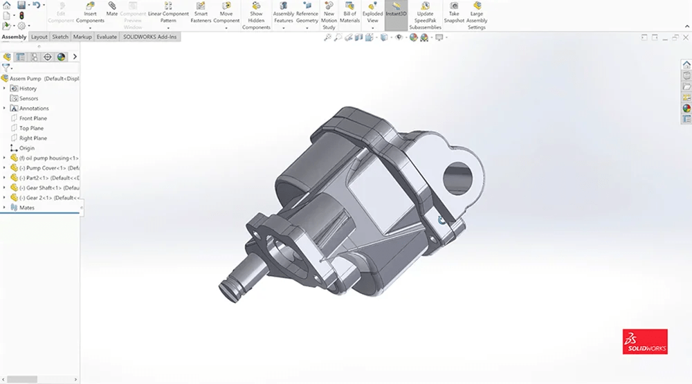 Modèle 3D d'une pompe dans le logiciel SolidWorks.