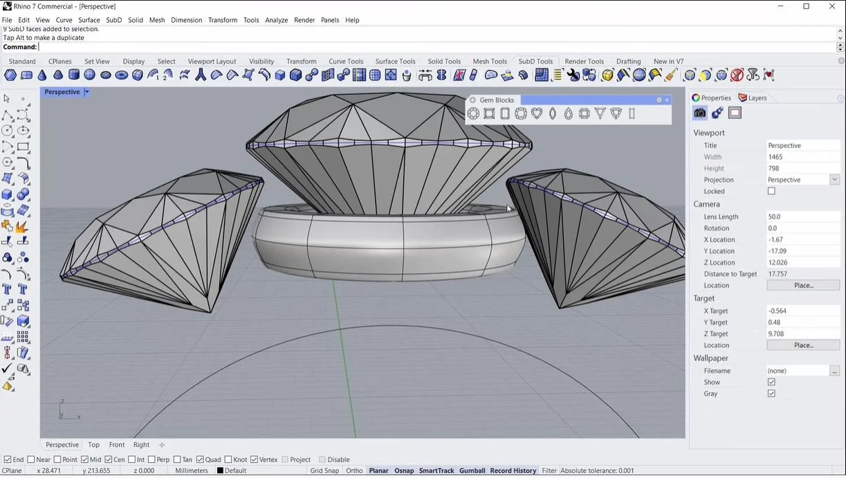 Capture d'écran d'un logiciel de modélisation 3D montrant une structure géométrique composée de formes polygonales, probablement un design digital ou une maquette numérique, avec diverses options d'outils et paramètres visibles.