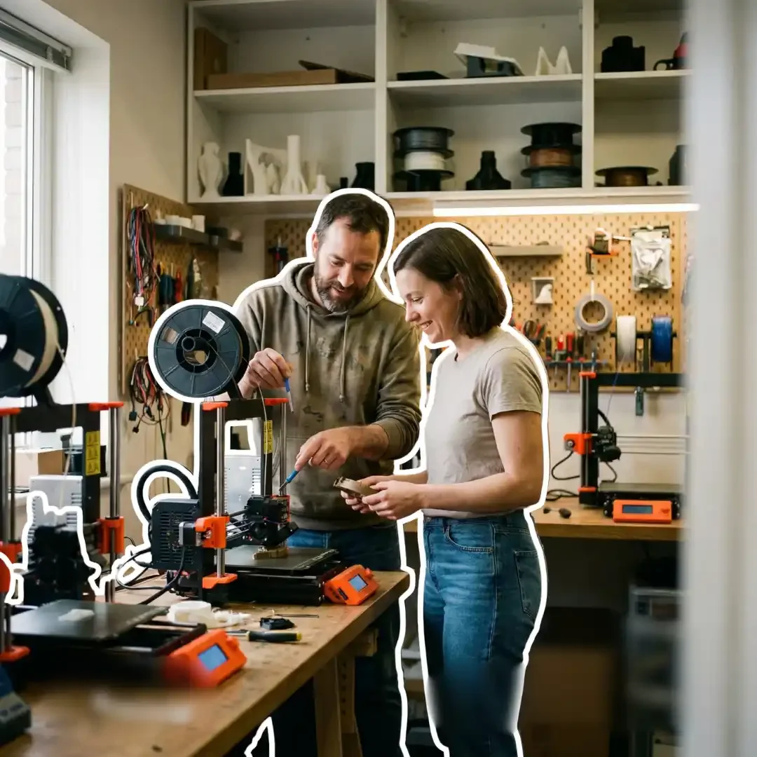 Deux personnes travaillant sur une imprimante 3D dans un atelier, entourées d'outils et d'équipements de bricolage.