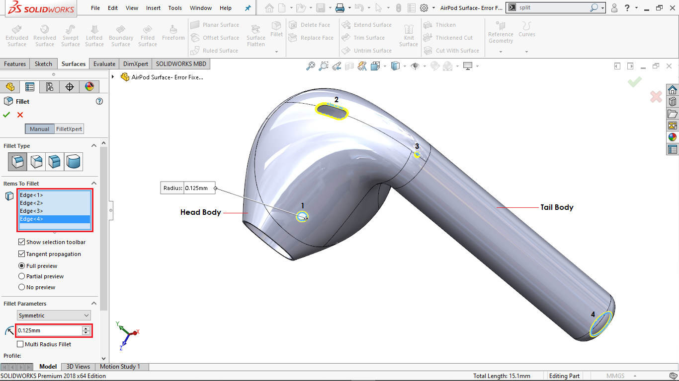 Modélisation d'une pièce en forme de tuyau avec deux parties nommées Head Body et Tail Body dans SOLIDWORKS, montrant la sélection de bords pour le fondu.