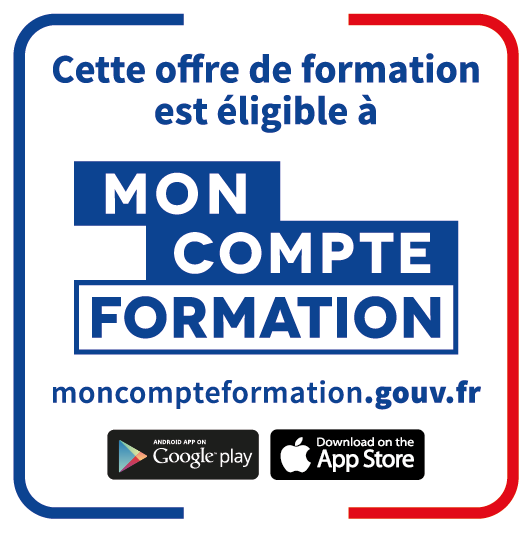 Affiche promotionnelle en français annonçant l'éligibilité à une formation gratuite liée à un compte en ligne, avec le site web moncompteformation.gouv.fr et des icônes pour télécharger l'application Google Play et App Store.