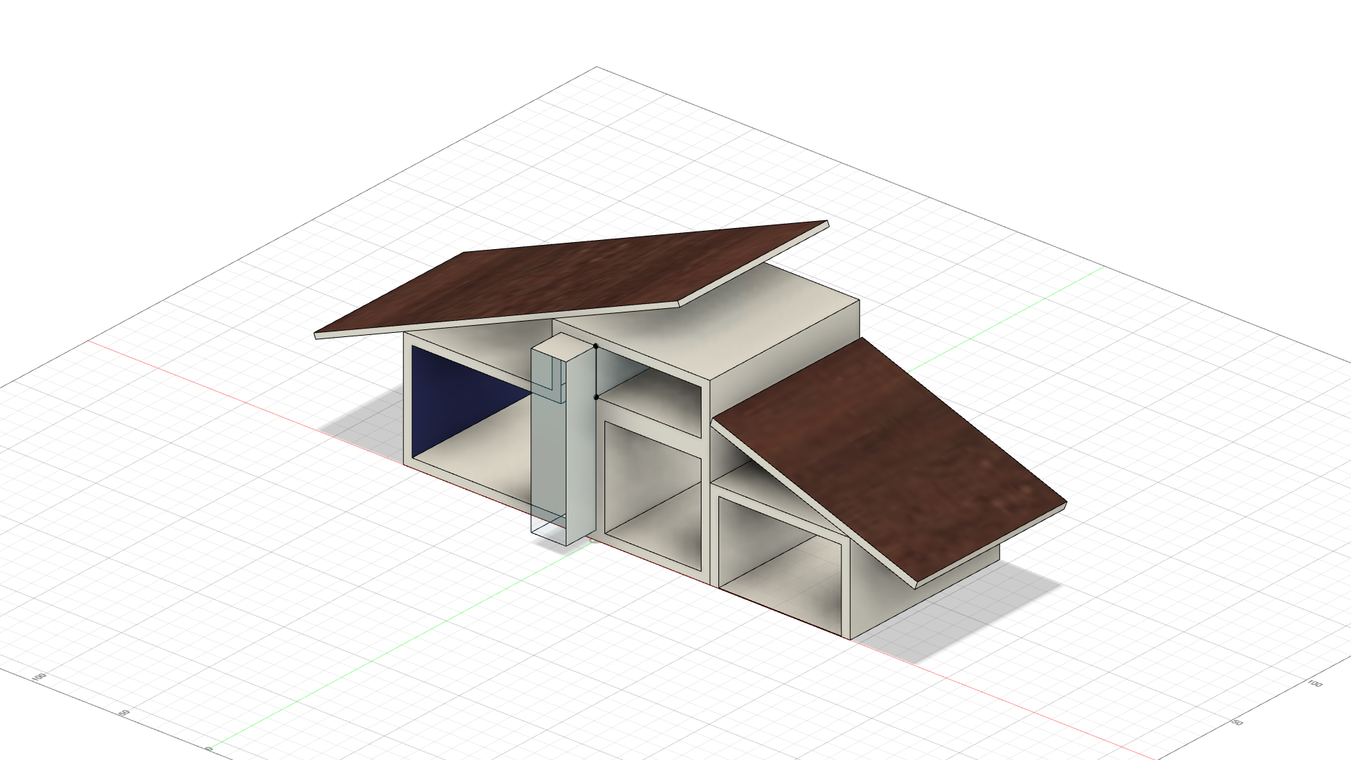 Modèle 3D d'une petite maison moderne avec un toit en pente et une structure en béton, comprenant un espace ouvert et un toit en bois.
