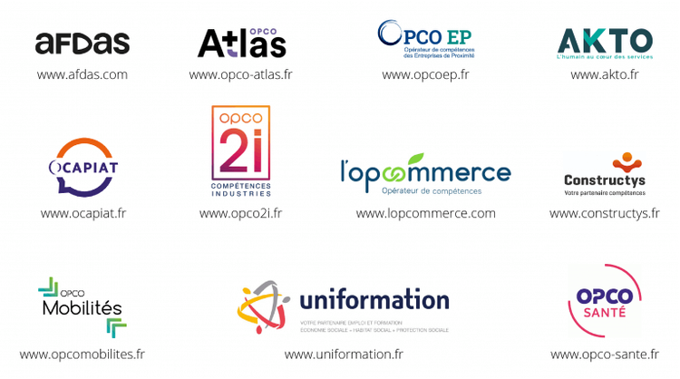 Logos des OPCO : AFDAS, Atlas, AKTO, OCAPIAT, OPCO 2i, Constructys, OPCO Mobilités, Uniformation, OPCO Santé…
