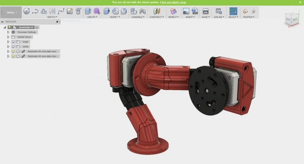 Modélisation 3D d'un bras robotique avec plusieurs joints, monté sur une surface, affichée dans un logiciel de conception assistée par ordinateur.