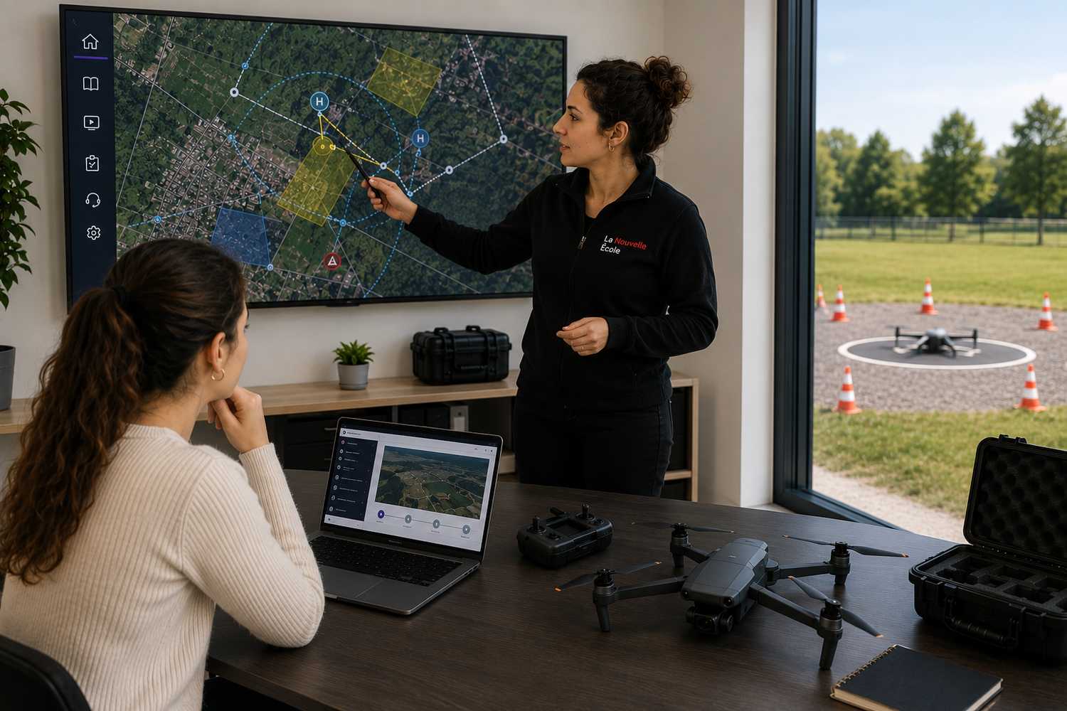 Formatrice présentant la préparation réglementaire d'une mission drone