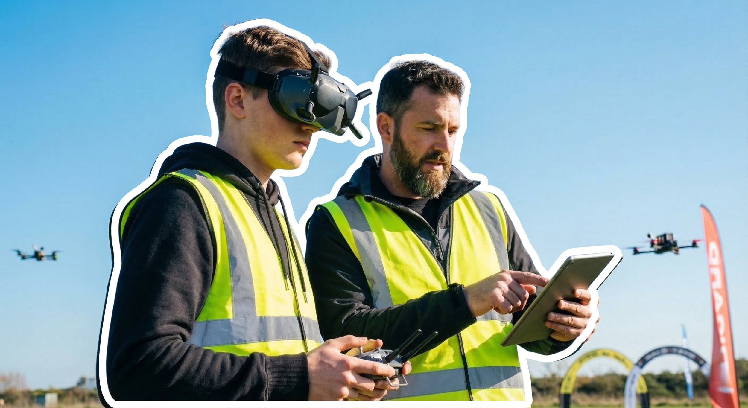 Deux hommes en gilets de sécurité travaillent avec un drone, l'un porte un casque de réalité virtuelle et l'autre utilise une tablette, dans un espace extérieur en plein jour.