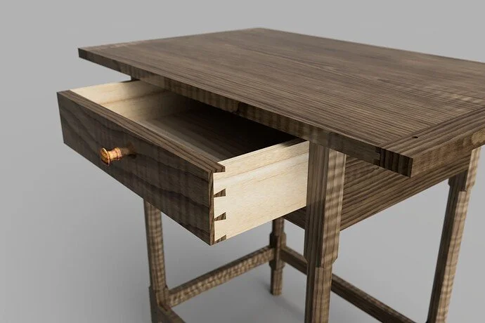 Table en bois avec tiroir partiellement ouvert.