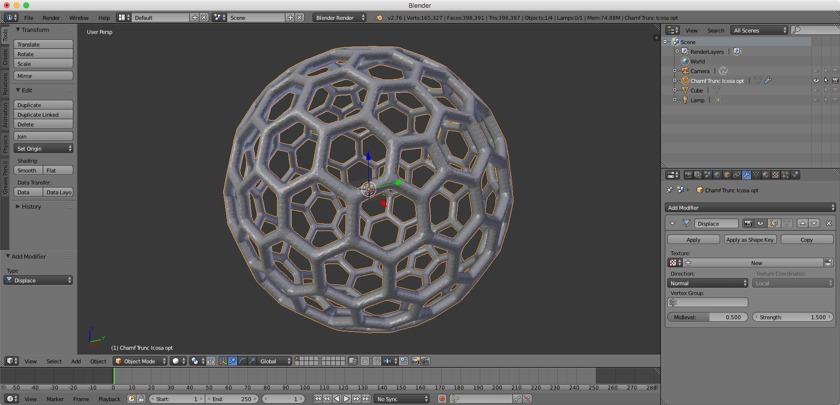 Modèle 3D d'une sphère avec une structure en hexagones, visualisée dans le logiciel Blender.