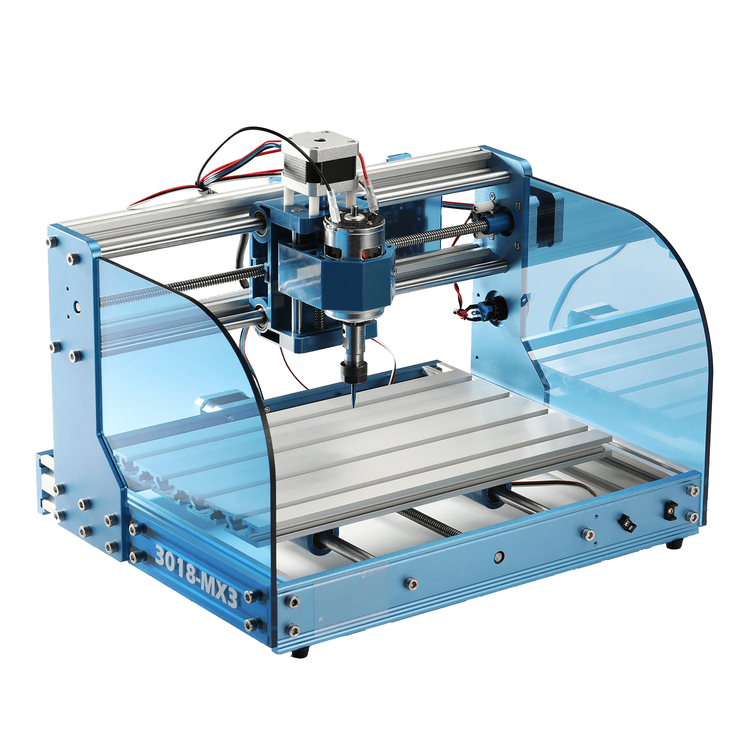 Une machine CNC de bureau avec structure métallique bleue, plaques de plexiglas transparentes et un axe vertical équipé d'une tête de perçage.