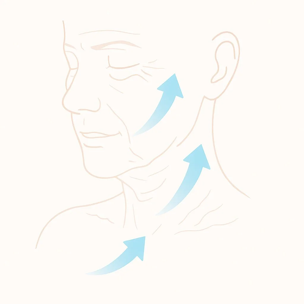 Illustration highlighting visible signs of ageing with dry, sun-damaged, or crepey skin, showing areas supported by aesthetic treatments.