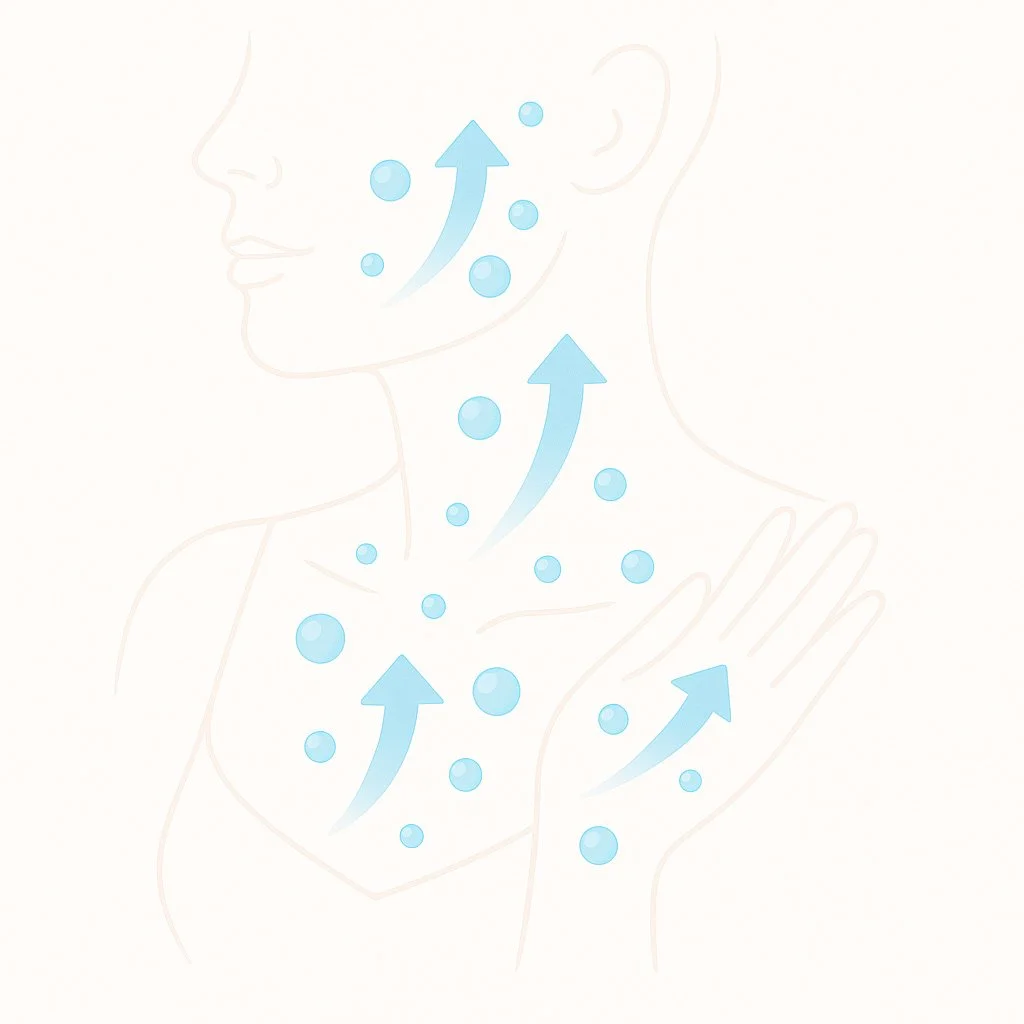 Treatment course illustration — face, neck, décolletage, and hands shown as key areas for aesthetic rejuvenation.