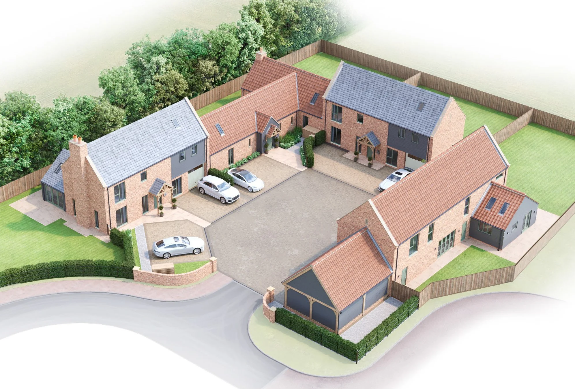 A residential housing complex with multiple brick houses, driveways, parked cars, and landscaped yards surrounded by wooden fences and greenery.